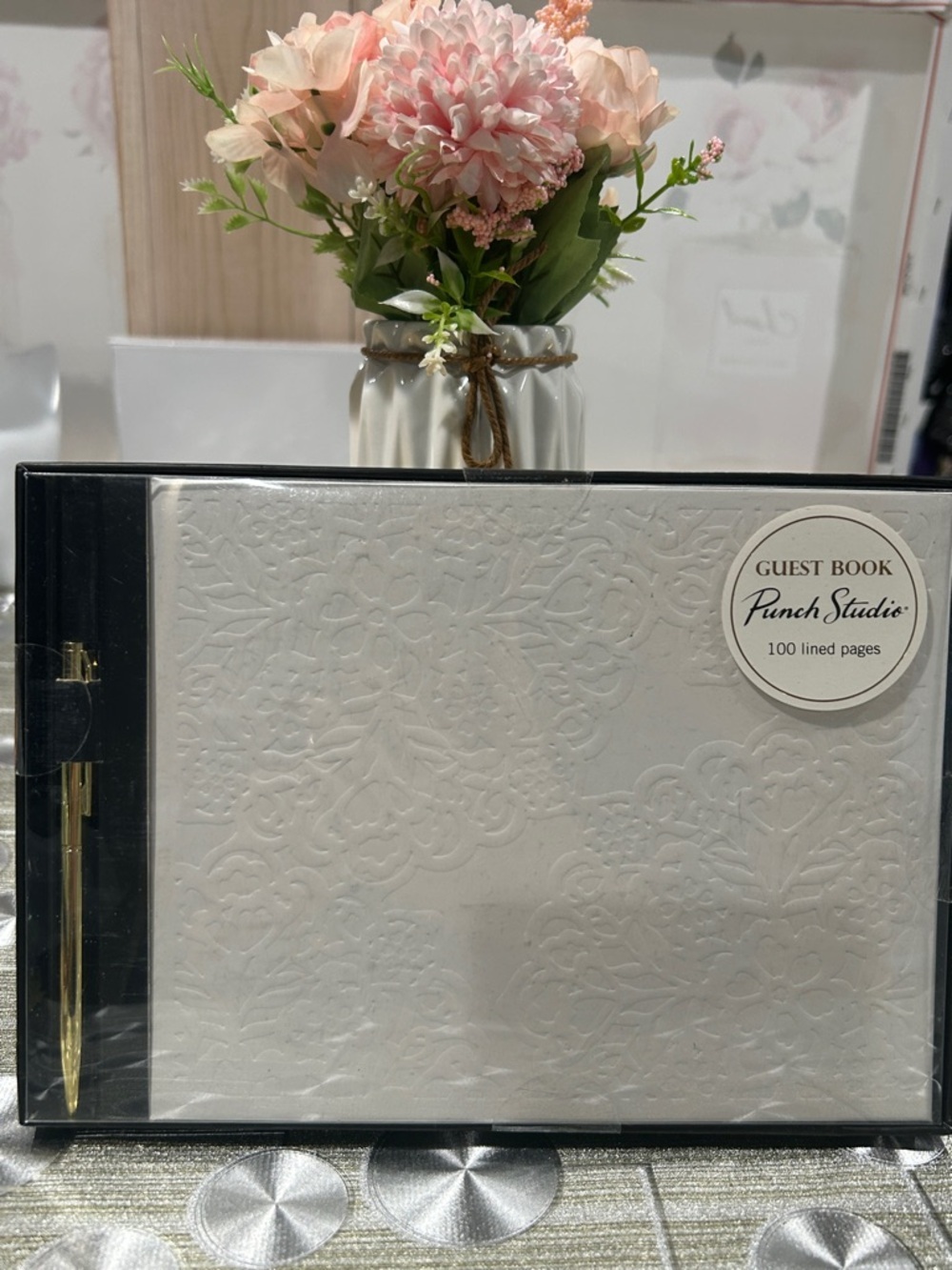 NWT. Punch Studio Embossed White Guest Book with Gold Pen